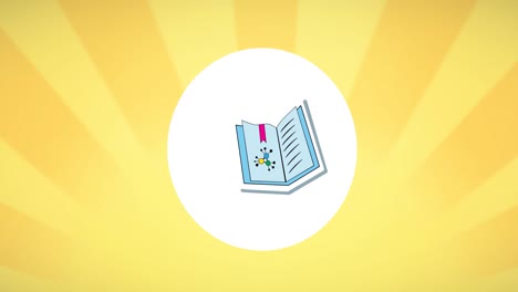 Digitale-Animation-Des-Lehrbuchsymbols-über-Weißem-Kreisförmigem-Banner-Vor-Gelbem-Radialem-Hintergrund
