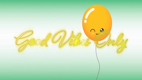 Animation-of-the-words-good-vibes-in-flickering-yellow-neon-with-orange-balloon-on-green-and-white