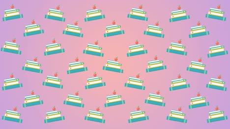 Digital-animation-of-apple-over-stack-of-books-icons-against-pink-gradient-background