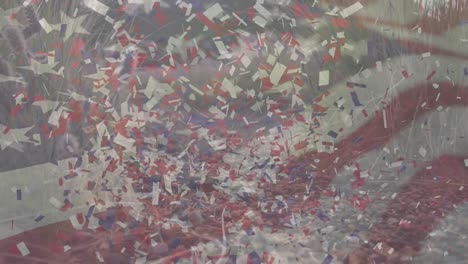Animation-of-american-flag-and-confetti-moving-over-man-running
