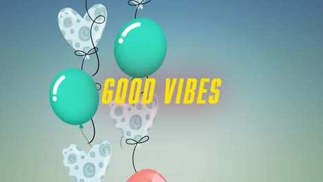 Animation-of-the-words-good-vibes-in-yellow-with-floating-balloons-on-blue