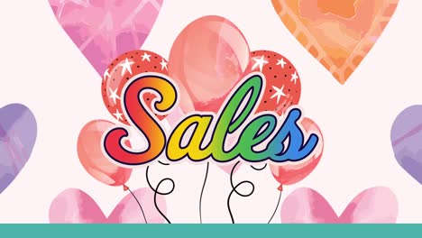 Animation-of-word-sales-in-colourful-letters-with-balloons-over-hearts-on-pale-pink