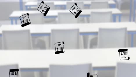 Multiple-graduation-certificate-icons-falling-against-view-of-empty-classroom-at-school