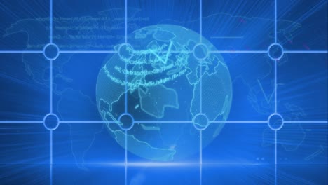 Digitale-Animation-Der-Datenverarbeitung-über-Sich-Drehendem-Globus-Und-Weltkarte-Vor-Blauem-Hintergrund