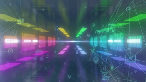 Animation-of-network-of-connections-in-neon-tunnel-background