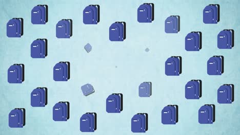 Digitale-Animation-Mehrerer-Schultaschen--Und-Buchsymbole-Vor-Blauem-Hintergrund