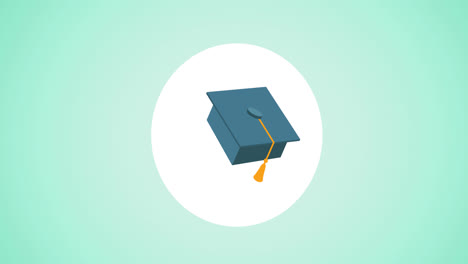 Digital-animation-of-graduation-hat-icon-over-white-circular-banner-against-green-background