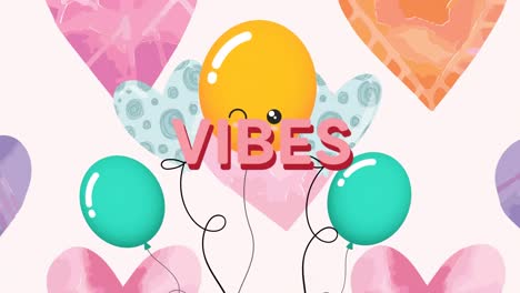 Animation-of-the-word-vibes-in-pink-with-balloons-over-hearts-on-pale-pink