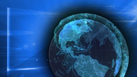 Digitale-Animation-Eines-Sich-Drehenden-Globus-Vor-Lichtfleck-Und-Datenverarbeitung-Auf-Blauem-Hintergrund