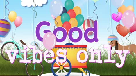 Animation-Der-Worte-„Good-Vibes-Only“-Mit-Fahrrad,-Eiswagen-Und-Schwebenden-Luftballons-Auf-Blau