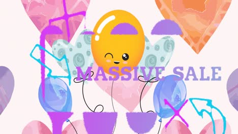 Animation-Von-Wörtern-„Massive-Sale“-In-Lila-Mit-Orangefarbenem-Ballon-über-Herzen-Auf-Blassrosa