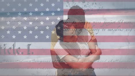 Animation-of-american-flag-and-text-moving-over-couple-embracing