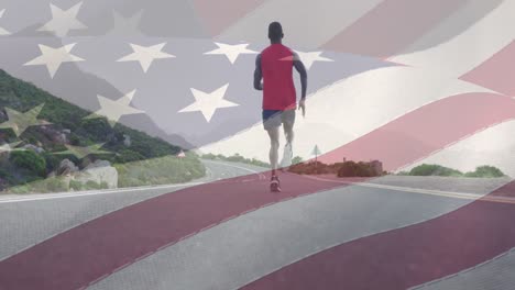 Animation-of-american-flag-moving-over-man-running-on-street