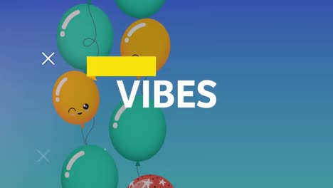Animation-of-the-word-vibes-in-white-with-yellow-bar,floating-balloons-and-stars-on-blue