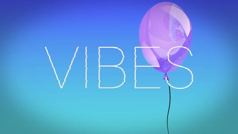 Animation-of-the-word-vibes-in-white-with-floating-pink-balloon-on-blue