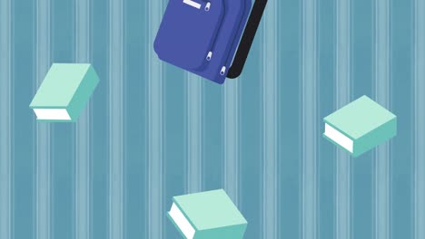 Digital-animation-of-multiple-school-bag-and-book-icons-against-striped-blue-background