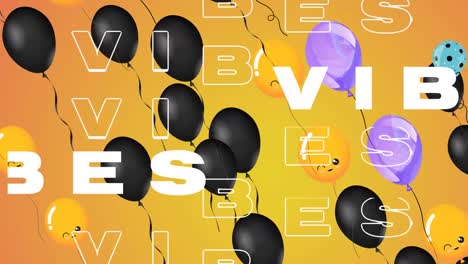 Animation-of-the-word-vibes-in-white-with-floating-balloons-on-orange