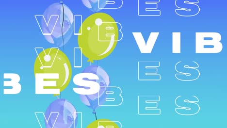 Animation-of-the-word-vibes-in-white-with-floating-balloons-on-blue