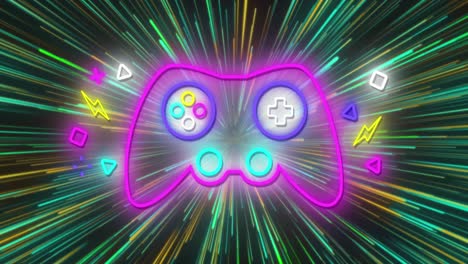 Animation-of-neon-game-control-pad-flickering-on-vibrant-neon-background