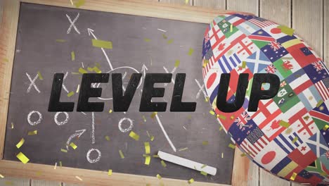 Animation-of-words-level-up-and-confetti-over-american-football-of-flags-and-game-chalkboard