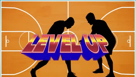 Animation-Von-Mehrfarbigen-Wörtern,-Die-über-Silhouettierten-Männlichen-Basketballspielern-Auf-Dem-Spielfeld-Aufsteigen