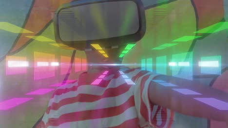 Animation-of-boy-wearing-vr-headset-on-vibrant-neon-background