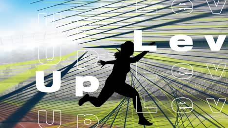 Animation-of-words-level-up-over-lines-and-runner-silhouette-on-sports-field