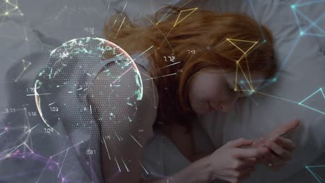 Animation-of-network-of-digital-icons-and-spinning-globe-over-woman-using-smartphone