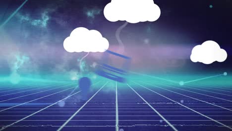 Digitale-Animation-Mehrerer-Cloud-Symbole-über-Ein-Netzwerk-Von-Verbindungen-Im-Vergleich-Zum-Grid-Netzwerk