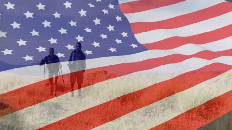 Animation-of-american-flag-over-african-american-couple-walking-in-mountains