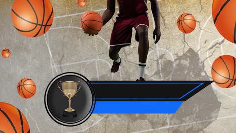 Animation-of-trophy-and-empty-banner-over-male-player-and-basketballs-over-basketball-court