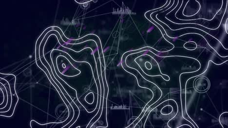 Purple-light-trails-over-topography-and-network-of-connections-on-black-background