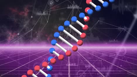 DNA-Struktur,-Die-Sich-über-Ein-Netzwerk-Von-Verbindungen-Und-Datenverarbeitung-Gegen-Ein-Gitternetzwerk-Dreht