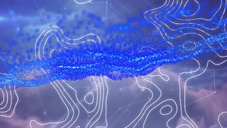 Blaue-Digitale-Welle-Gegen-Topographie-Und-Netzwerk-Von-Verbindungen-Auf-Wolken-Am-Blauen-Himmel