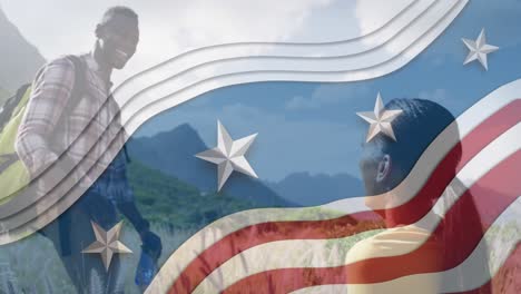 Animation-of-american-flag-over-african-american-couple-high-fiving-in-mountains