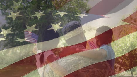 Animation-of-male-soldier-embracing-smiling-daughter-and-son-over-american-flag