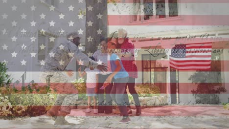 Animation-of-male-soldier-embracing-smiling-family-over-american-flag