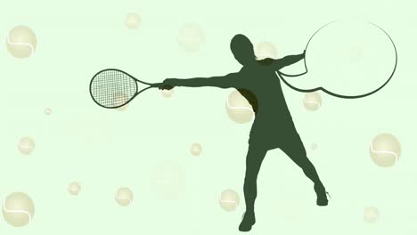 Animation-of-silhouetted-tennis-player-with-speech-bubble-over-tennis-balls-on-pale-green