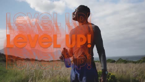 Animation-of-the-words-level-up-in-orange-over-happy-man-exercising-in-countryside-taking-a-rest