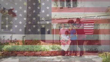 Animation-Eines-Männlichen-Soldaten,-Der-Eine-Lächelnde-Familie-über-Der-Amerikanischen-Flagge-Umarmt
