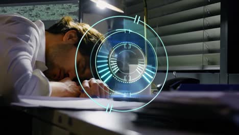 Animation-of-scope-scanning-over-businessman-sleeping-on-desk-in-office