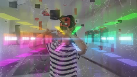 Animation-of-woman-wearing-vr-headset-on-vibrant-neon-background