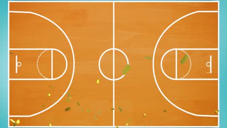 Animation-of-gold-confetti-falling-over-basketball-court