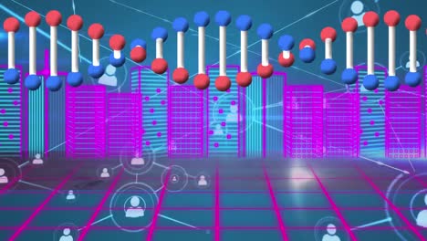 Spinnende-DNA-Struktur-Und-Netzwerk-Von-Profilsymbolen-Vor-Neonfarbenem-3D-Stadtbild-über-Rasternetzwerk