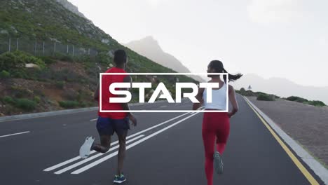Animation-of-the-word-start-in-white-over-couple-exercising-running-on-mountain-road