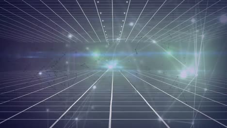 Digitale-Animation-Eines-Leuchtenden-Verbindungsnetzes-Vor-Einem-Gitternetz-Auf-Blauem-Hintergrund
