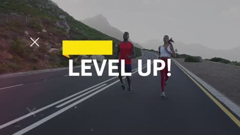 Animation-of-the-words-level-up-in-white-over-couple-exercising-running-on-mountain-road