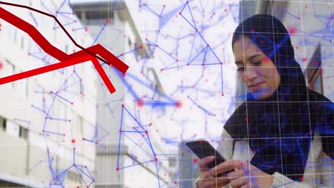 Red-graphs-moving-and-network-of-connections-against-woman-in-hijab-using-smartphone