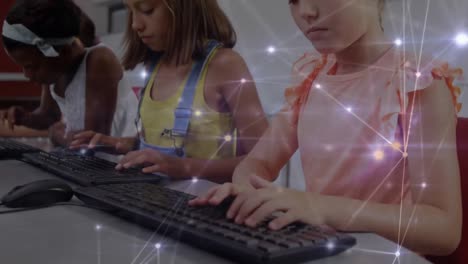 Glowing-network-of-connections-against-group-of-diverse-students-using-computer-at-school