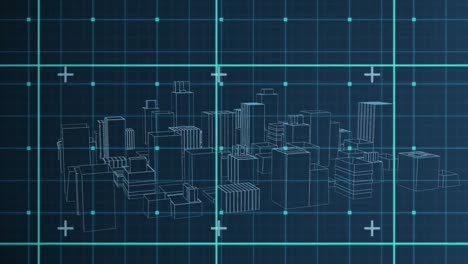 Digitale-Animation-Eines-3D-Stadtmodells,-Das-Sich-Vor-Einem-Gitternetz-Auf-Blauem-Hintergrund-Dreht